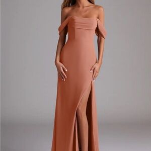 Azazie Saige in Mai Tai Chiffon - Size A2 | Elegant Off-Shoulder Evening Gown